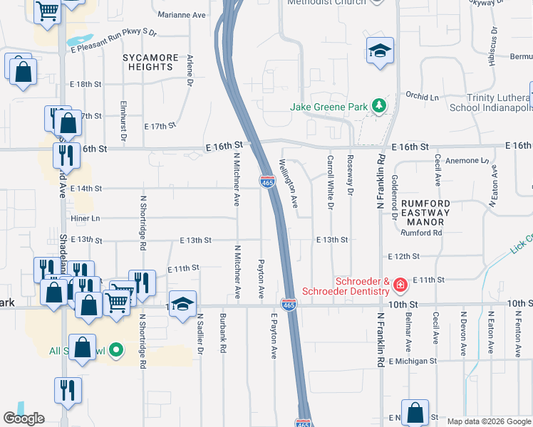 map of restaurants, bars, coffee shops, grocery stores, and more near 1329 Payton Avenue in Indianapolis
