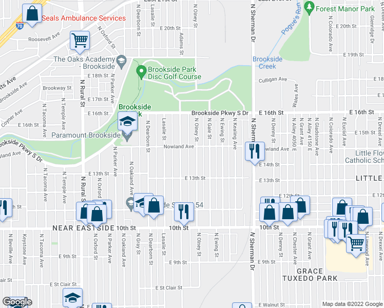 map of restaurants, bars, coffee shops, grocery stores, and more near 1352 North Olney Street in Indianapolis
