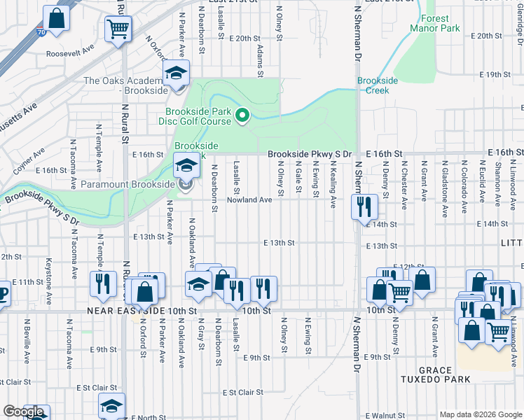 map of restaurants, bars, coffee shops, grocery stores, and more near 1352 North Olney Street in Indianapolis