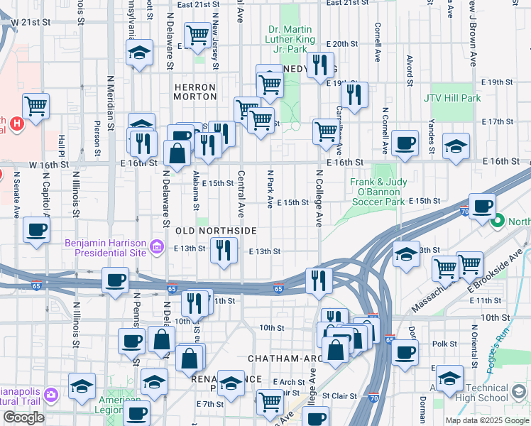 map of restaurants, bars, coffee shops, grocery stores, and more near 1422 North Park Avenue in Indianapolis