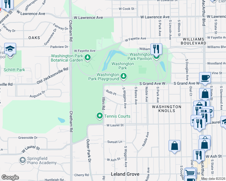 map of restaurants, bars, coffee shops, grocery stores, and more near 1635 Ruth Place in Springfield