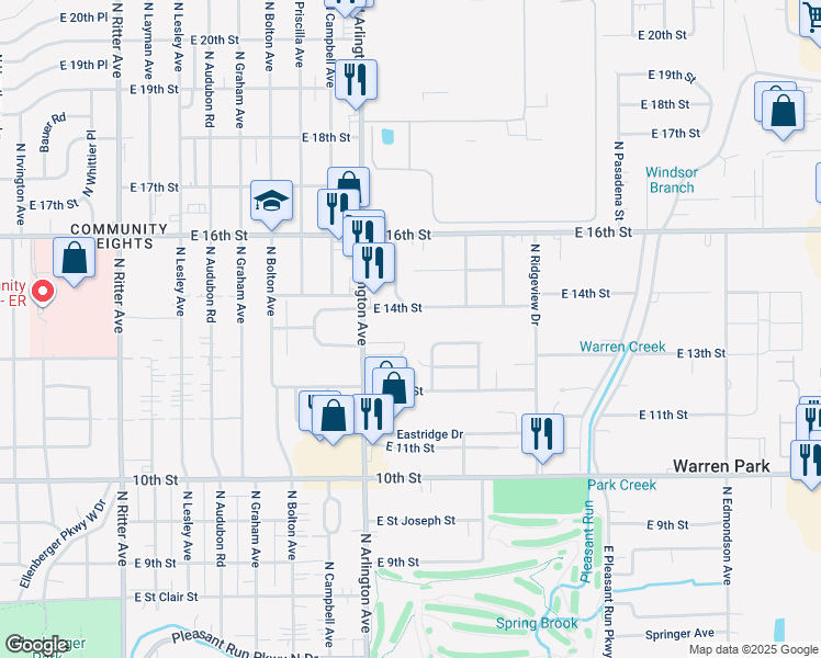 map of restaurants, bars, coffee shops, grocery stores, and more near 6013 East 14th Street in Indianapolis