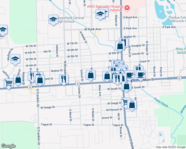 map of restaurants, bars, coffee shops, grocery stores, and more near 318 West North Street in Greenfield