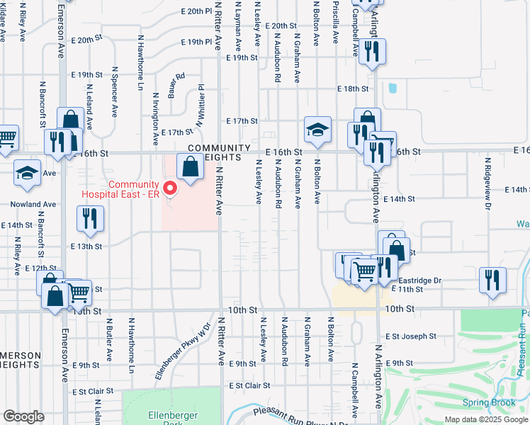 map of restaurants, bars, coffee shops, grocery stores, and more near 1313 Lesley Avenue in Indianapolis