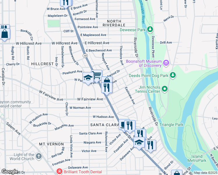 map of restaurants, bars, coffee shops, grocery stores, and more near 2327 Parkland Avenue in Dayton