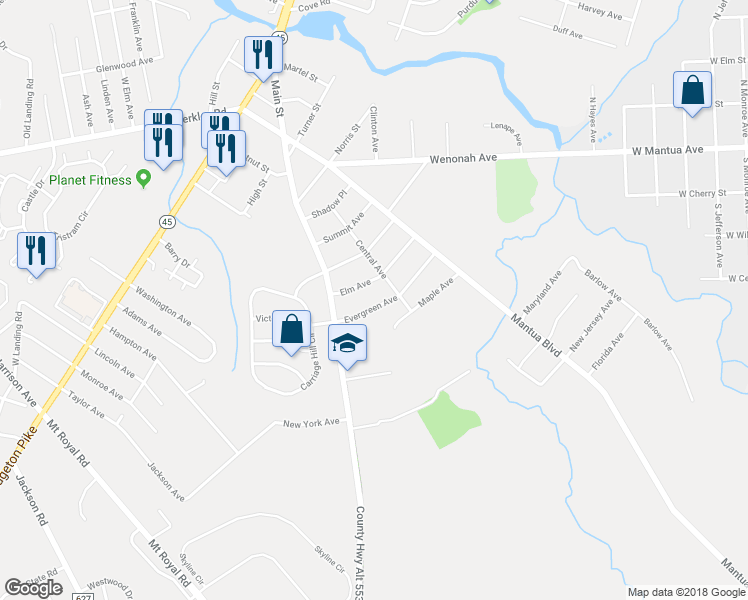 map of restaurants, bars, coffee shops, grocery stores, and more near 268 Evergreen Avenue in Mantua Township