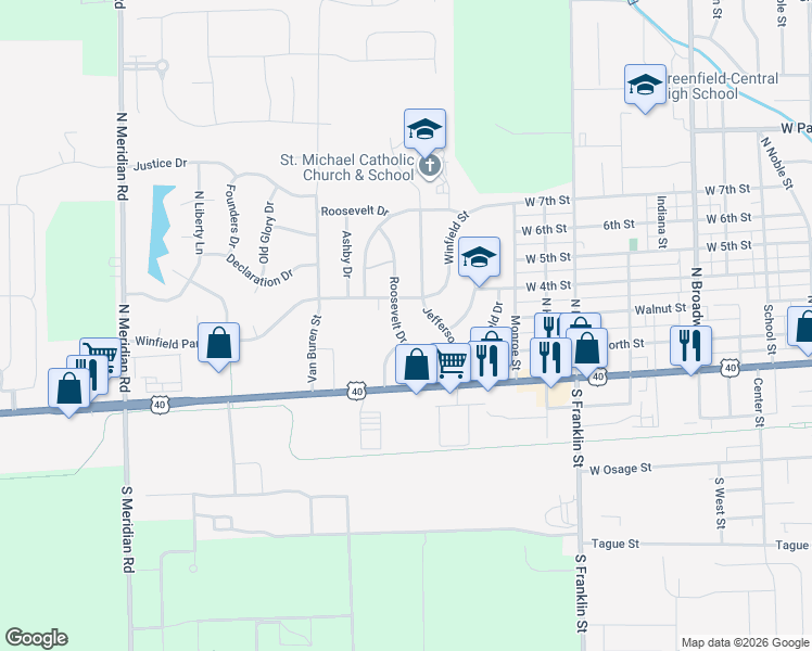 map of restaurants, bars, coffee shops, grocery stores, and more near 205 Roosevelt Dr in Greenfield