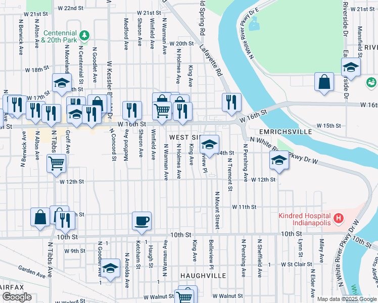 map of restaurants, bars, coffee shops, grocery stores, and more near 1402 King Avenue in Indianapolis