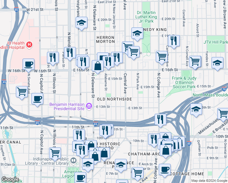 map of restaurants, bars, coffee shops, grocery stores, and more near 1430 North New Jersey Street in Indianapolis