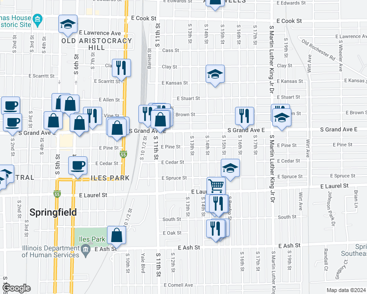 map of restaurants, bars, coffee shops, grocery stores, and more near E Pine St & S Loveland Ave in Springfield