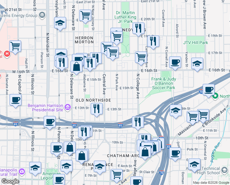 map of restaurants, bars, coffee shops, grocery stores, and more near 1422 North Park Avenue in Indianapolis