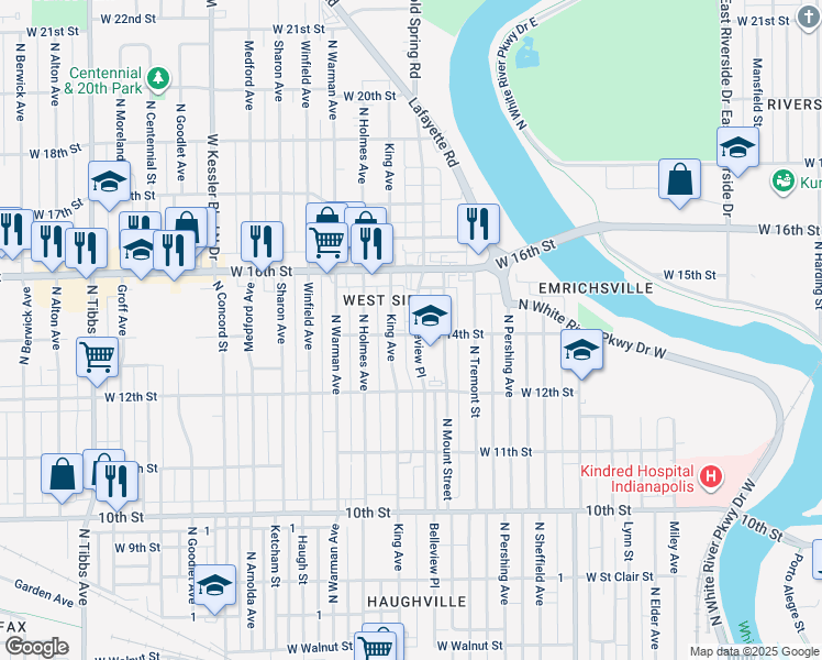map of restaurants, bars, coffee shops, grocery stores, and more near 1402 North Belleview Place in Indianapolis
