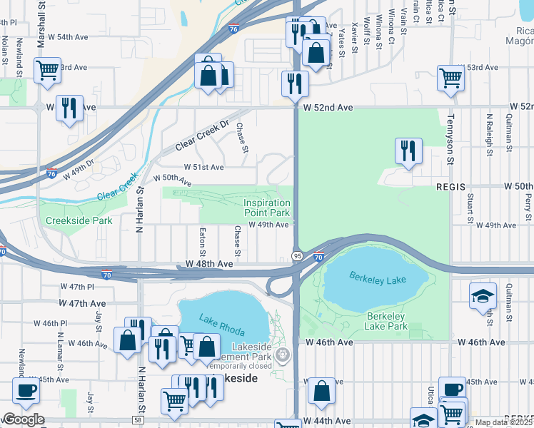 map of restaurants, bars, coffee shops, grocery stores, and more near Inspiration Point Drive in Denver