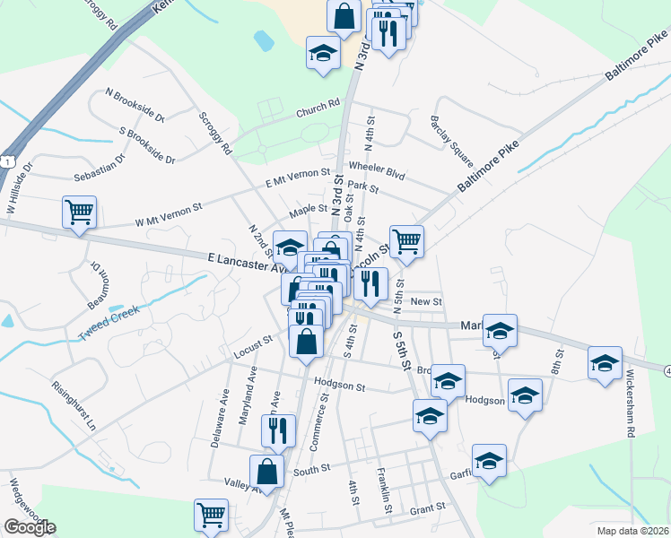 map of restaurants, bars, coffee shops, grocery stores, and more near 340 Lincoln Street in Oxford