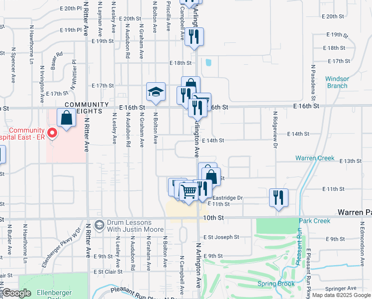 map of restaurants, bars, coffee shops, grocery stores, and more near 1344 North Arlington Avenue in Indianapolis