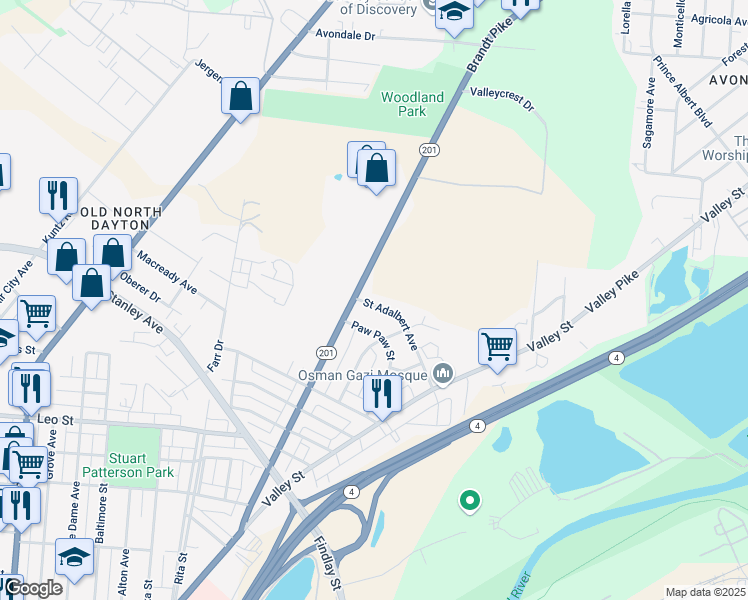 map of restaurants, bars, coffee shops, grocery stores, and more near 1352 Saint Adalbert Avenue in Dayton