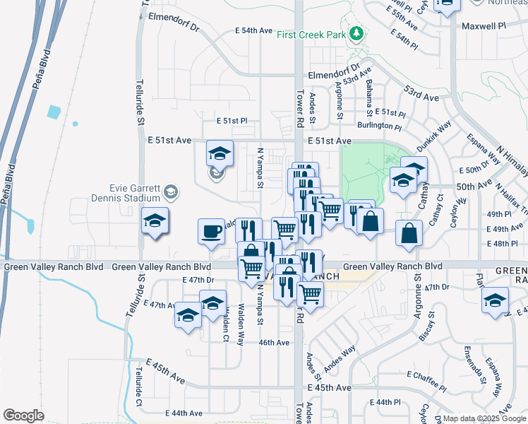 map of restaurants, bars, coffee shops, grocery stores, and more near 4900 North Yampa Street in Denver