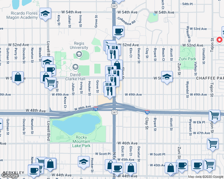 map of restaurants, bars, coffee shops, grocery stores, and more near 4925 Federal Boulevard in Denver
