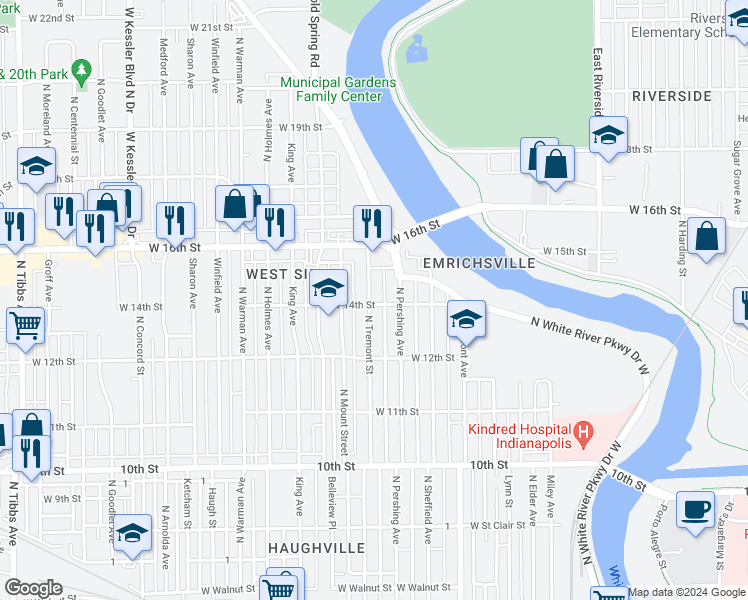 map of restaurants, bars, coffee shops, grocery stores, and more near 1401 North Tremont Street in Indianapolis