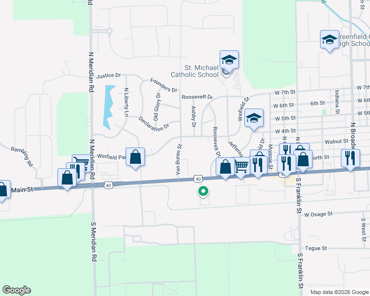 map of restaurants, bars, coffee shops, grocery stores, and more near 281 Van Buren Street in Greenfield