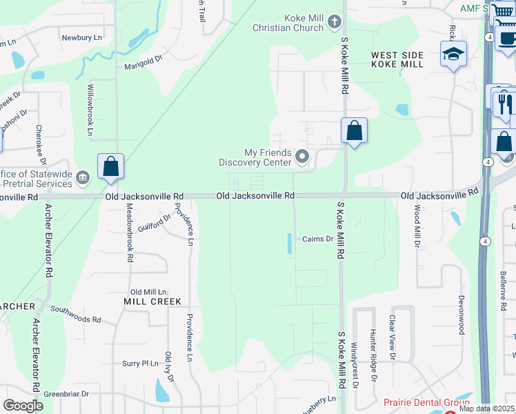 map of restaurants, bars, coffee shops, grocery stores, and more near 3520 Old Jacksonville Road in Springfield