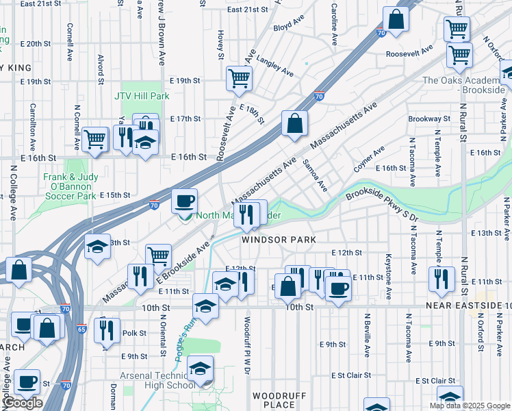 map of restaurants, bars, coffee shops, grocery stores, and more near 1728 East Brookside Avenue in Indianapolis