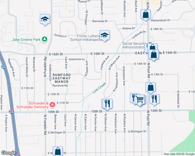 map of restaurants, bars, coffee shops, grocery stores, and more near 8511 East 13th Street in Indianapolis
