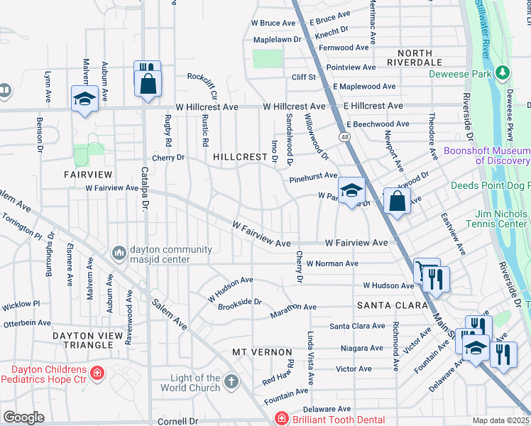 map of restaurants, bars, coffee shops, grocery stores, and more near 35 Valleyview Drive in Dayton