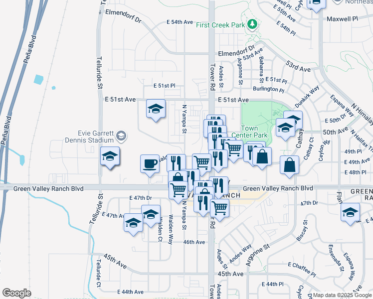 map of restaurants, bars, coffee shops, grocery stores, and more near 4829-4859 Tower Road in Denver