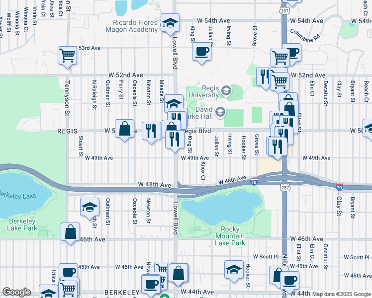 map of restaurants, bars, coffee shops, grocery stores, and more near 4910 King Street in Denver