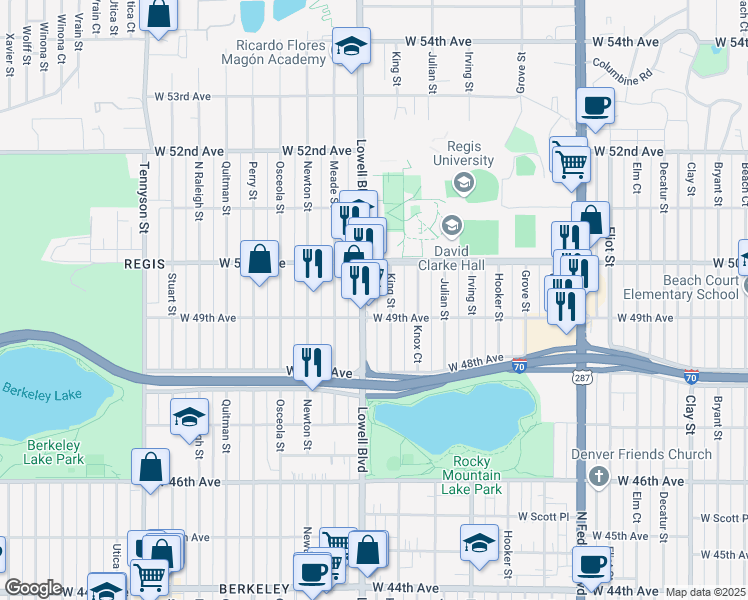 map of restaurants, bars, coffee shops, grocery stores, and more near 4921 Lowell Boulevard in Denver