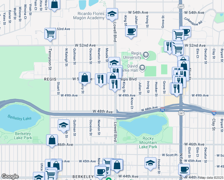 map of restaurants, bars, coffee shops, grocery stores, and more near 4921 Lowell Boulevard in Denver