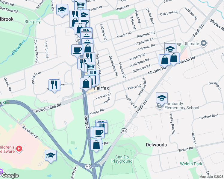 map of restaurants, bars, coffee shops, grocery stores, and more near 109 Peirce Road in Wilmington