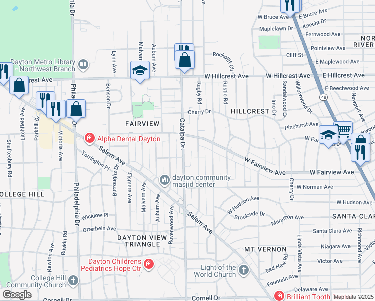 map of restaurants, bars, coffee shops, grocery stores, and more near 2101 Rugby Road in Dayton