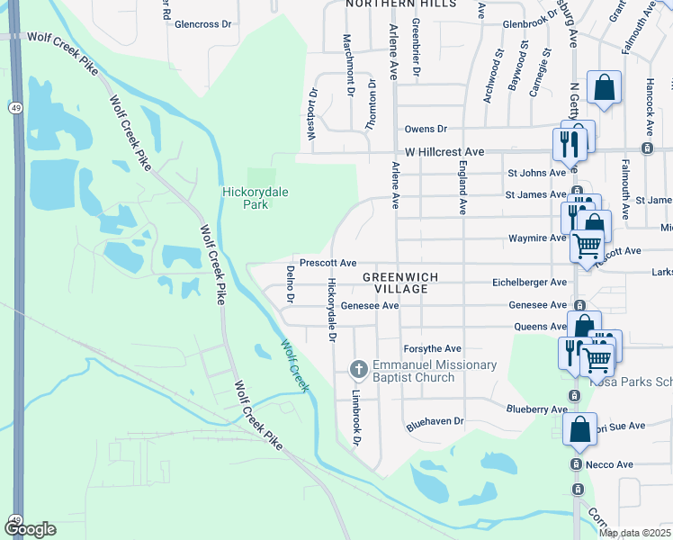 map of restaurants, bars, coffee shops, grocery stores, and more near 5001 Eichelberger Avenue in Dayton