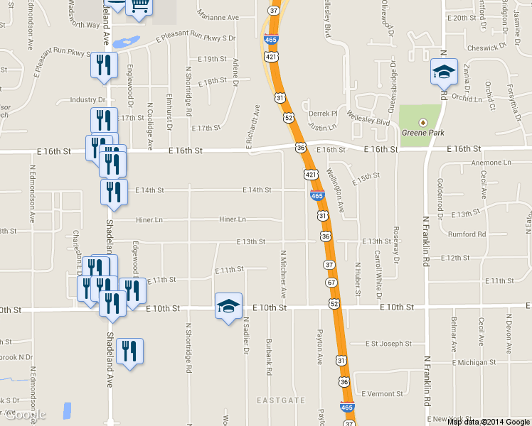 map of restaurants, bars, coffee shops, grocery stores, and more near 1338 North Mitchner Avenue in Indianapolis