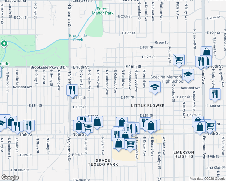 map of restaurants, bars, coffee shops, grocery stores, and more near 1417 North Colorado Avenue in Indianapolis