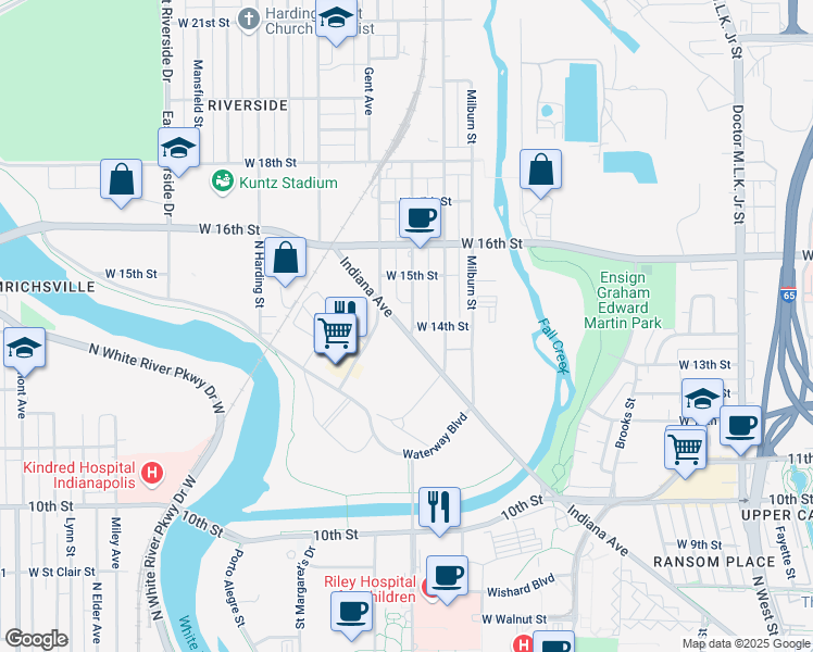 map of restaurants, bars, coffee shops, grocery stores, and more near 1325 Indiana Avenue in Indianapolis