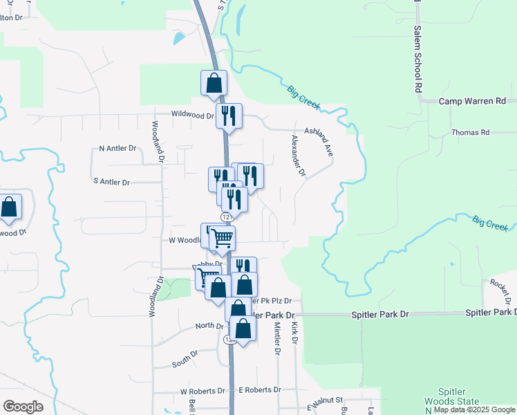 map of restaurants, bars, coffee shops, grocery stores, and more near East Village Parkway in Mount Zion