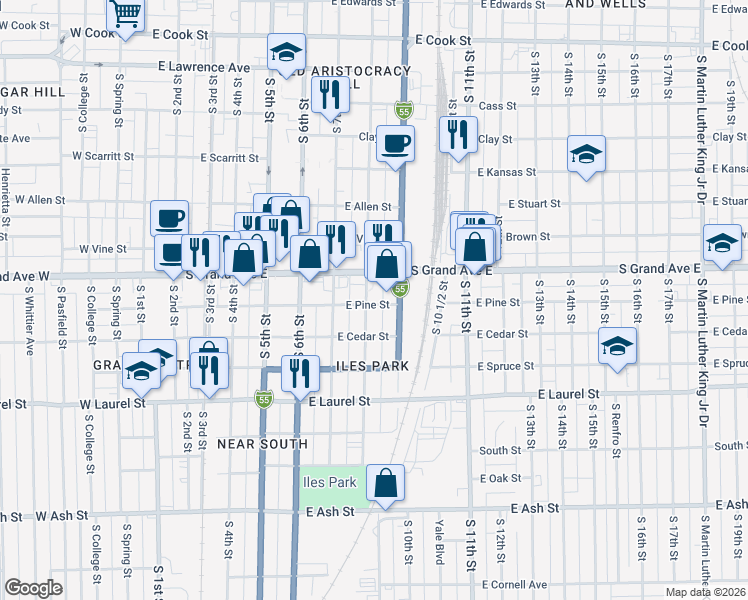map of restaurants, bars, coffee shops, grocery stores, and more near 1501 South 9th Street in Springfield