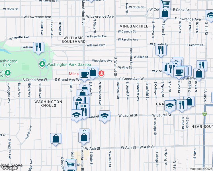 map of restaurants, bars, coffee shops, grocery stores, and more near 1314 South Walnut Street in Springfield