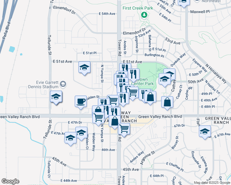 map of restaurants, bars, coffee shops, grocery stores, and more near 4860 Tower Road in Denver