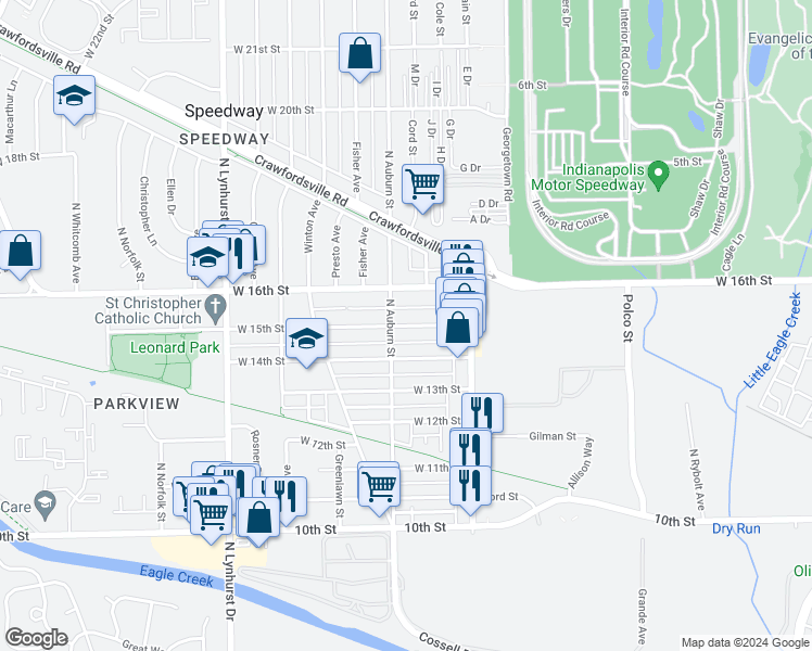 map of restaurants, bars, coffee shops, grocery stores, and more near 4968 West 15th Street in Indianapolis