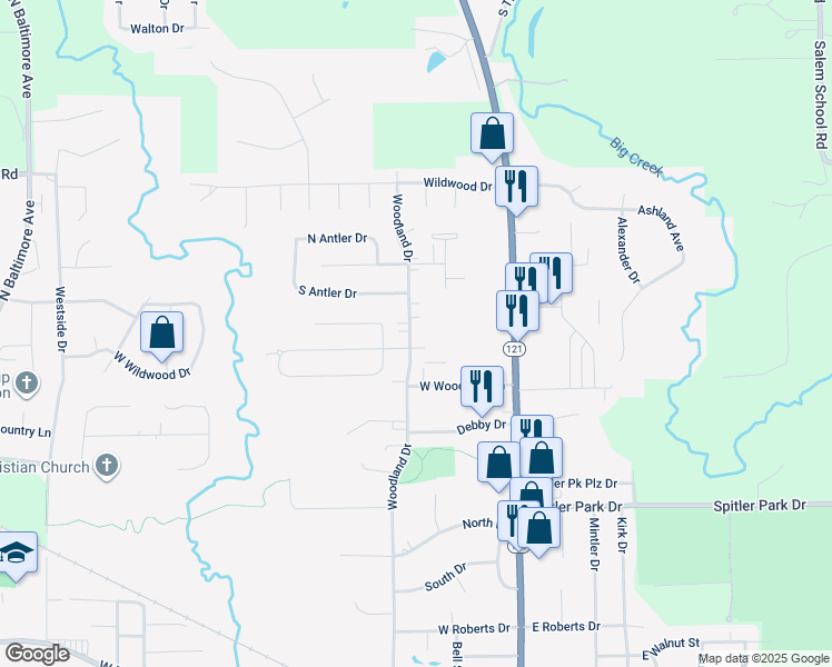 map of restaurants, bars, coffee shops, grocery stores, and more near 1412 Woodland Drive in Mount Zion