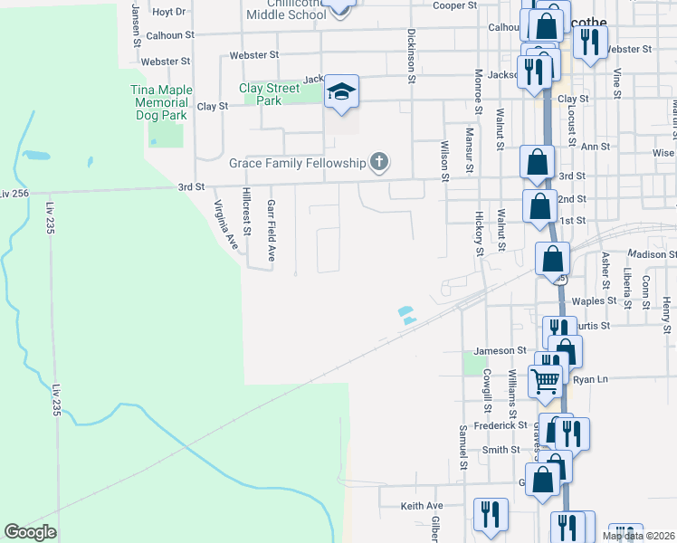 map of restaurants, bars, coffee shops, grocery stores, and more near 101 Crescent Drive in Chillicothe
