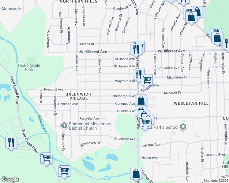 map of restaurants, bars, coffee shops, grocery stores, and more near 4433 Eichelberger Avenue in Dayton