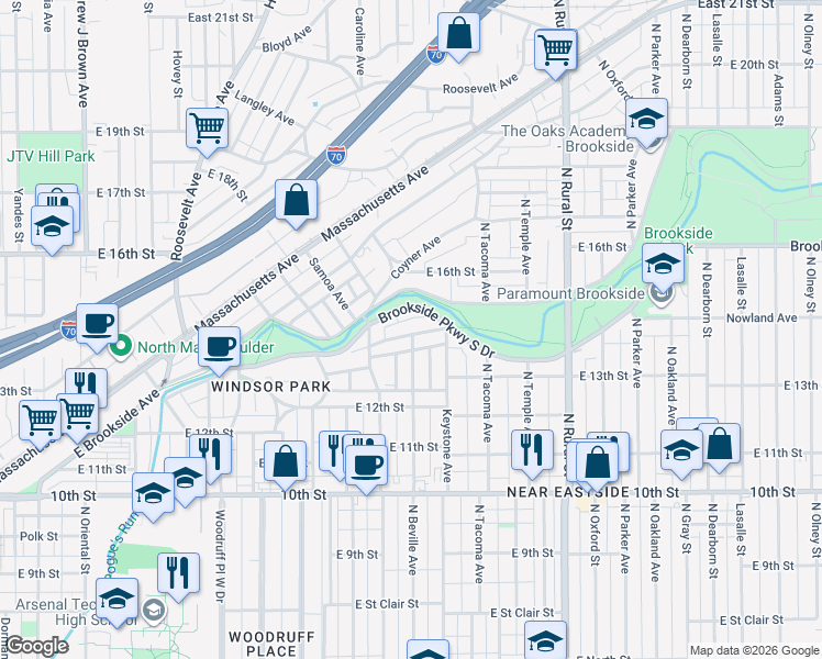 map of restaurants, bars, coffee shops, grocery stores, and more near 2301 Nowland Avenue in Indianapolis