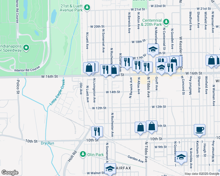 map of restaurants, bars, coffee shops, grocery stores, and more near 1406 North Rochester Avenue in Indianapolis