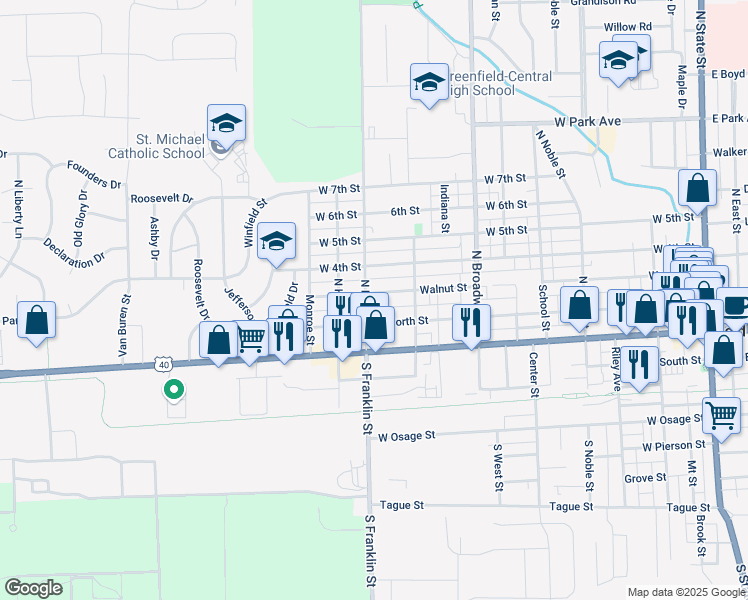 map of restaurants, bars, coffee shops, grocery stores, and more near 985 Walnut Street in Greenfield