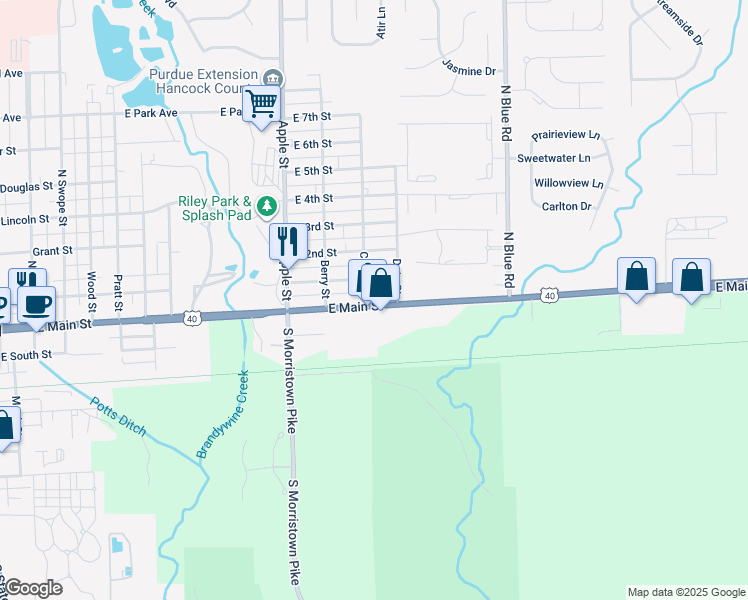map of restaurants, bars, coffee shops, grocery stores, and more near 1208 East Main Street in Greenfield